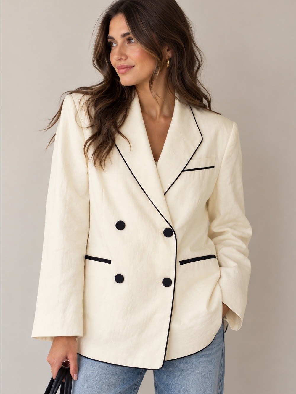 Zara Cream Oversized Black Piping Double Breasted Blazer Jacket Size Small
